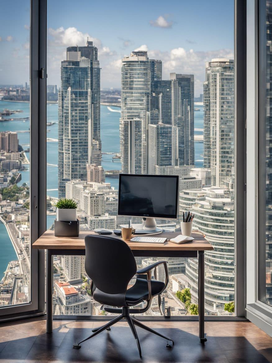 Poste de travail avec une large vue sur un paysage urbain animé