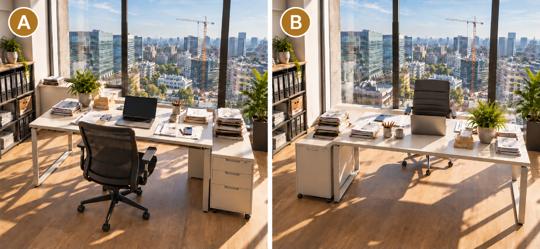 Comparaison A et B : même bureau, mais orientation différente du poste de travail