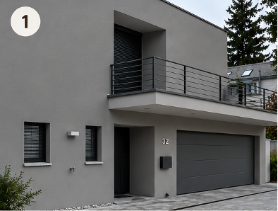 Maison grise moderne avec une entrée en retrait et peu mise en valeur
