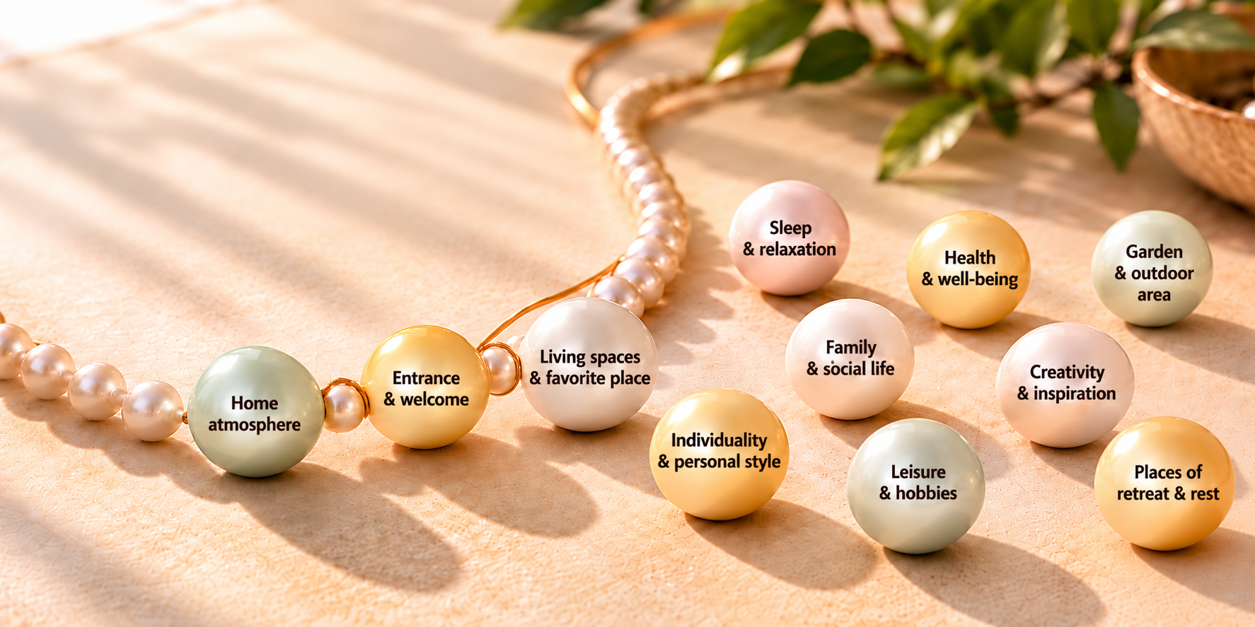 The Pearl Path of Home and Leisure, exploring home atmosphere, entrances, relaxation, health and community.