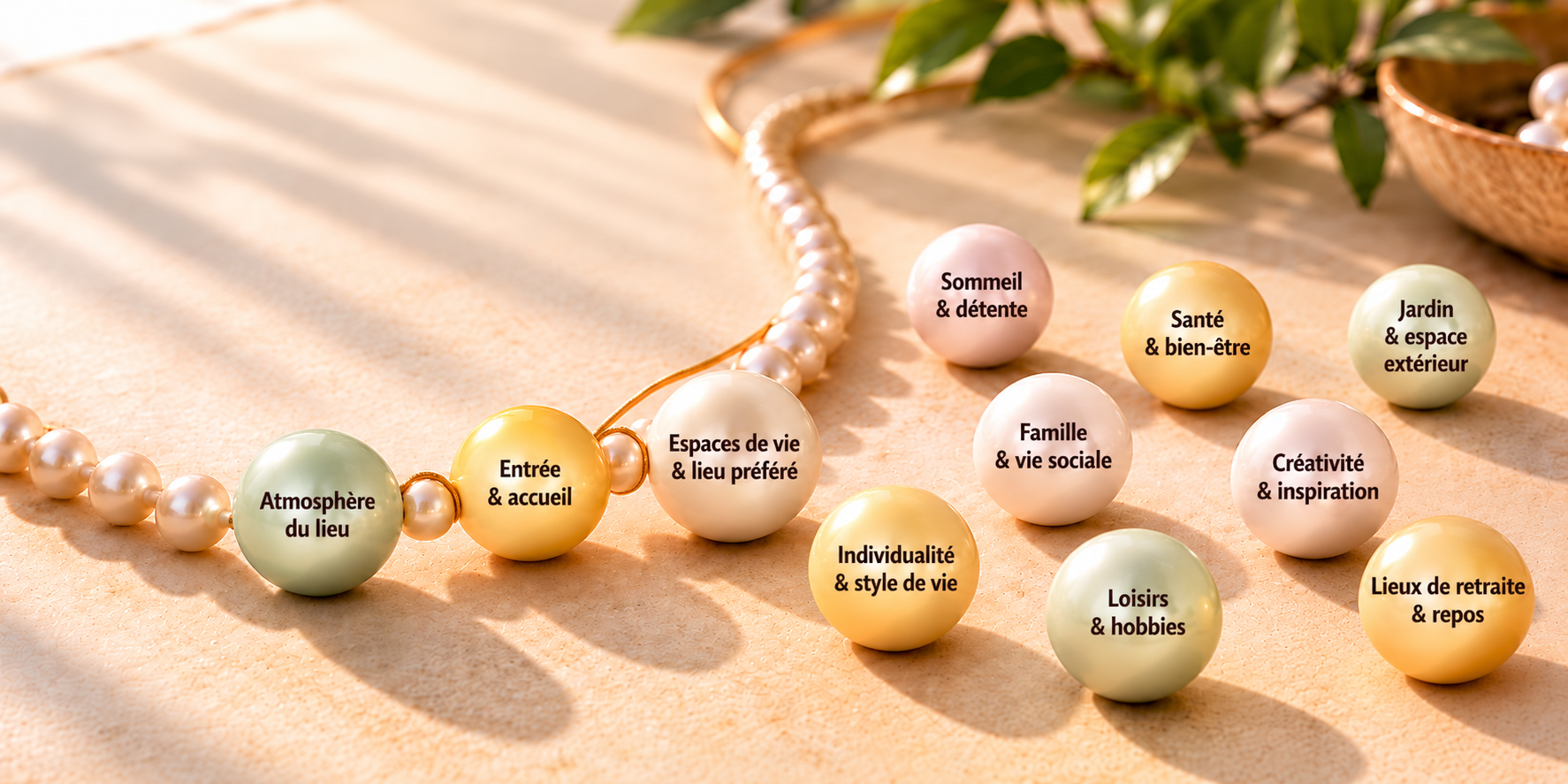 Chemin de perles de l'habitat et des loisirs : atmosphère, entrée, espaces de vie, sommeil, famille, santé, créativité, jardin et détente.