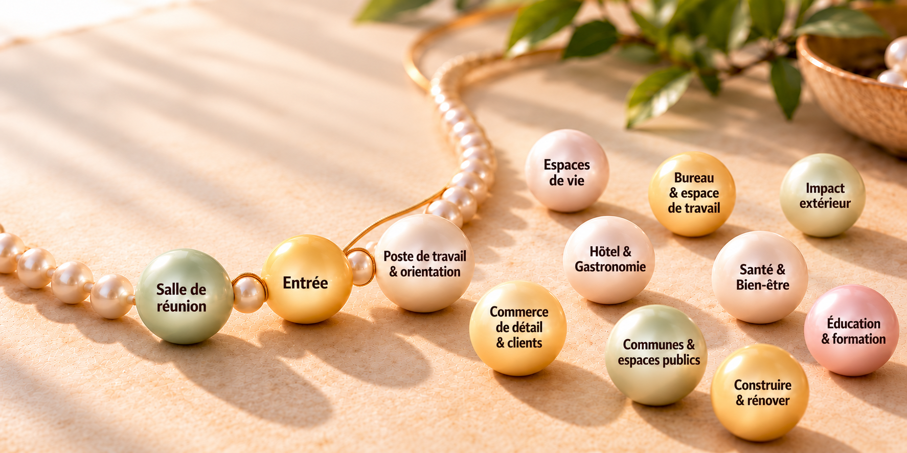 Chemin de perles consacré au travail et à la réussite : salles de réunion, entrées, postes de travail, commerces, hôtellerie, santé, collectivités et formation.
