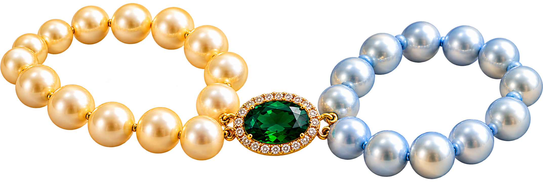 Colliers de perles jaune pastel et bleu pastel, reliés par une émeraude symbolisant la qualité de vie